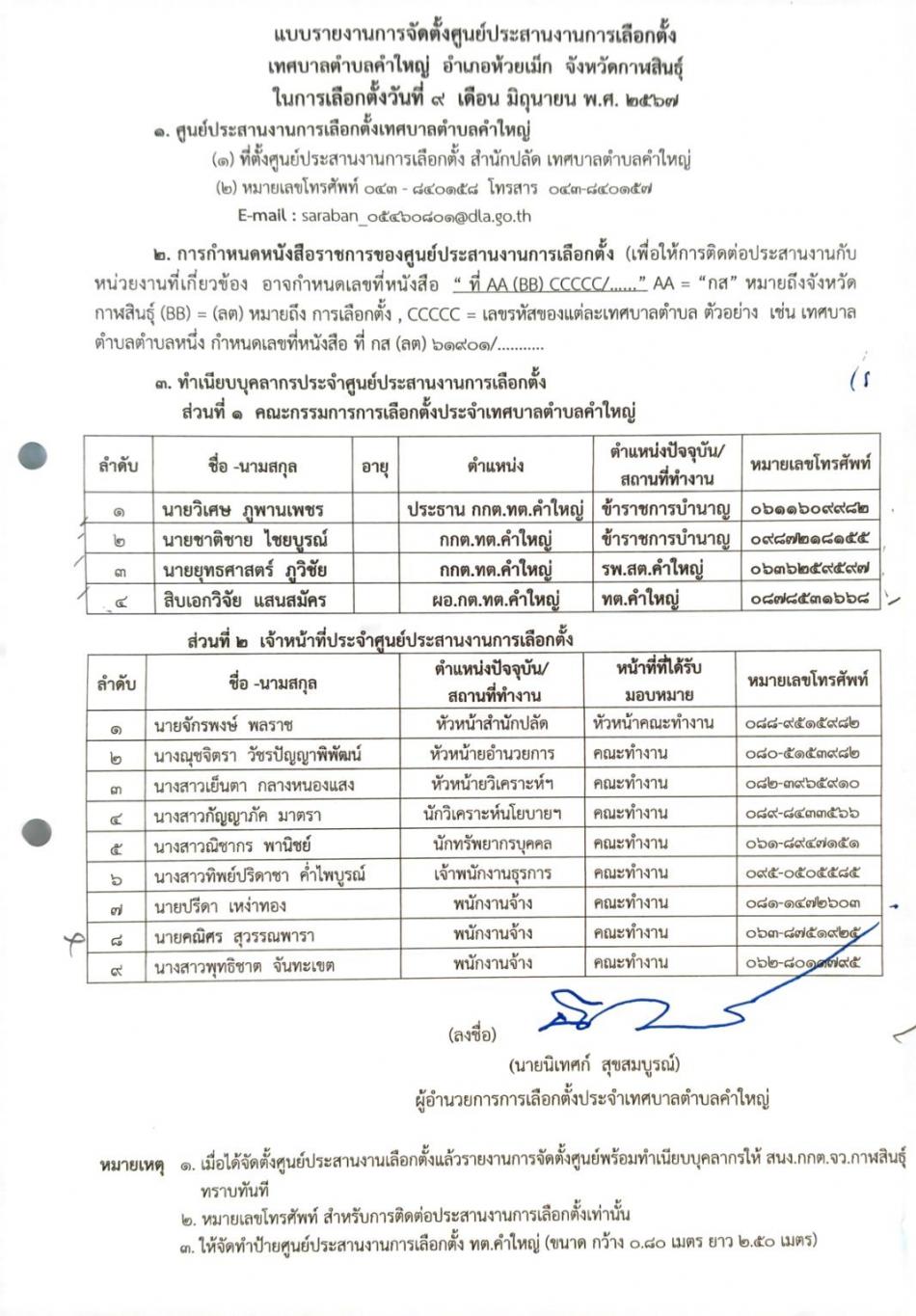 แบบรายงานการจัดตั้งศูนย์ประสานงานการเลือกตั้ง เทศบาลตำบลคำใหญ่ อำเภอห้วยเม็ก จังหวัดกาฬสินธุ์